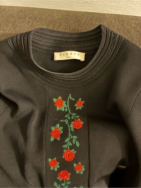 Sandro Paris Black Embroidered Rose Midi Dress
